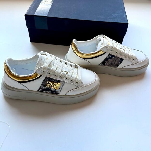 NWT Roberto Cavalli “Cavalli Class” logo hardware white low top sneaker Size 37 - Picture 12 of 16